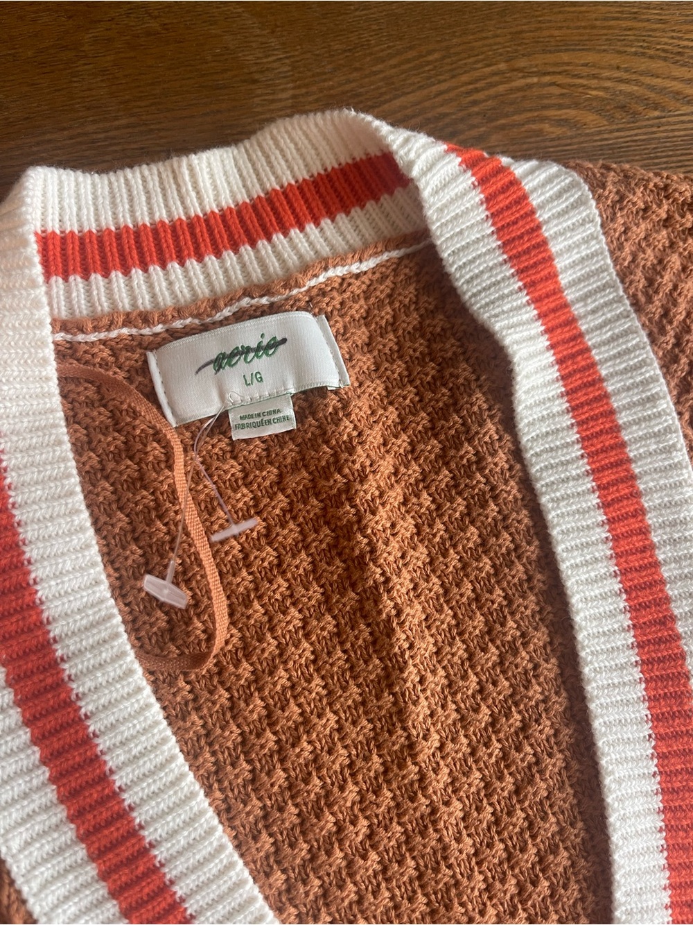 aerie Rust Waffle Knit Cardigan with White and Orange Striped Trim